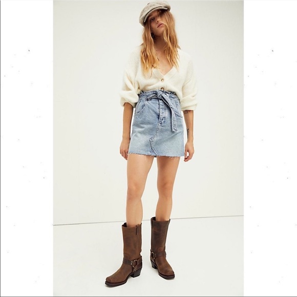Free People Denim Blue Mini Skirt Button Fly Belted - Picture 2 of 10